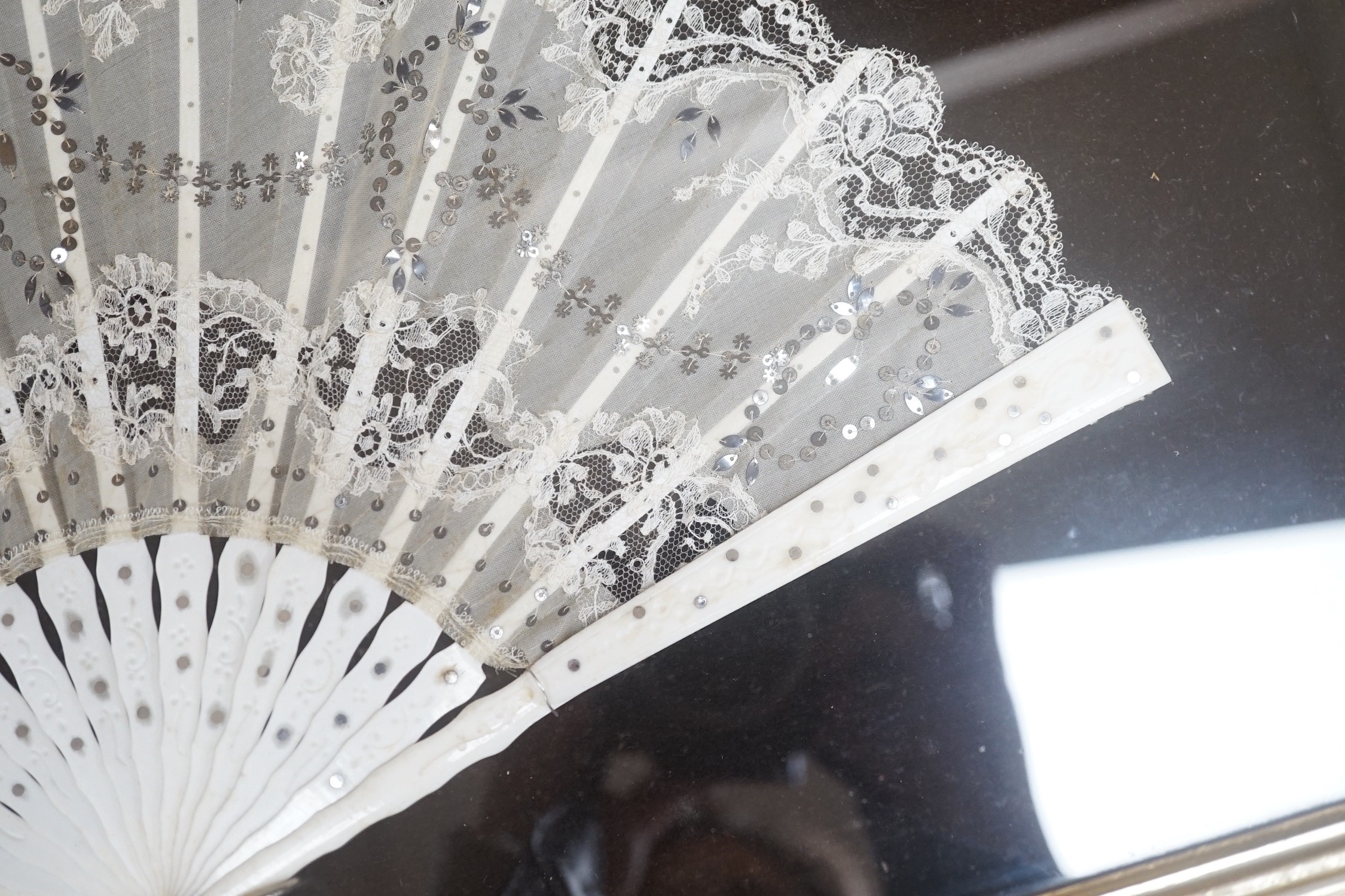 A pair of 19th century cased bone and painted lace fans, 40cm long excl frame